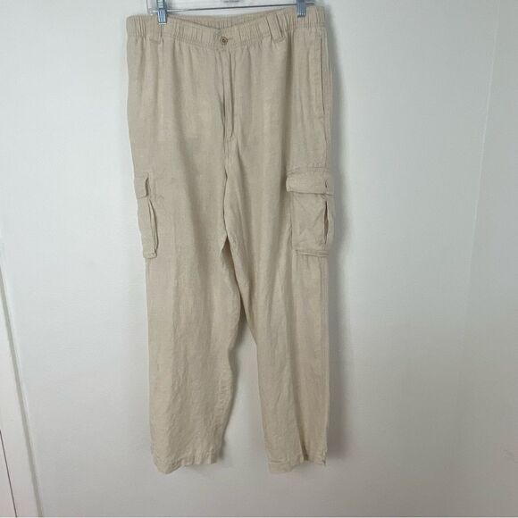 Caribbean Men’s 38 Linen Cargo Trousers Cream Relaxed Vacation Resort Cruise - Picture 1 of 14